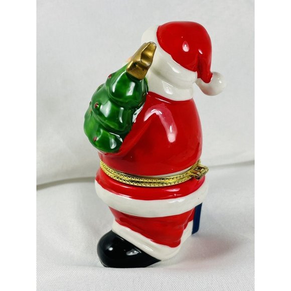 Santa Carrying Tree Porcelain Christmas Trinket Box Hinged Gold Accents - Picture 8 of 11